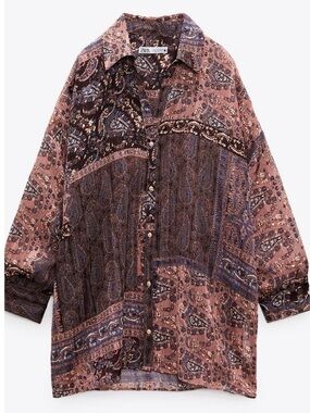 ZARA Boho Paisley Sheer Button-Up Blouse Pink Oversized